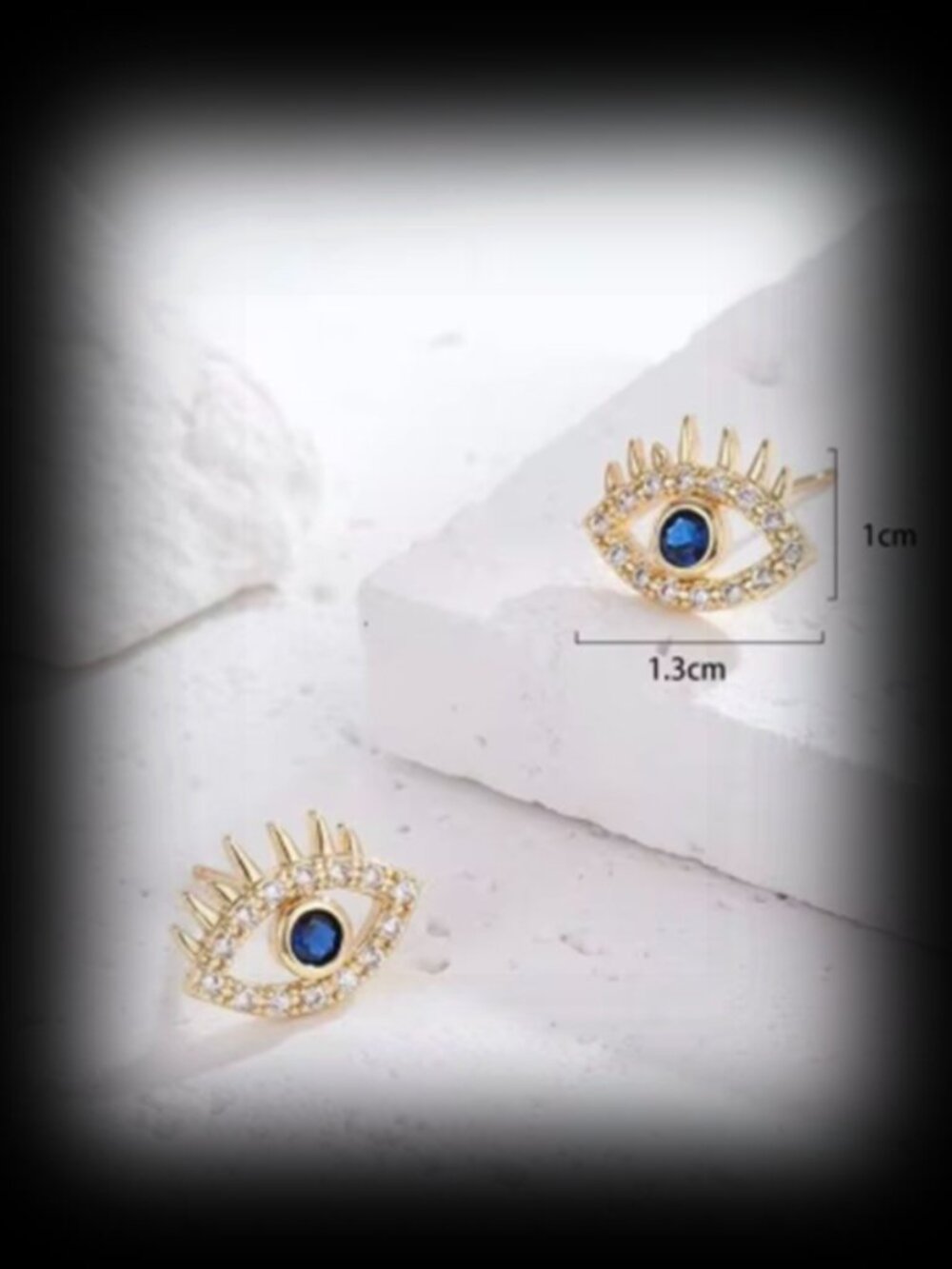 Gold Boho Evil Eye Protection Stud Earrings Blue Clear CZ | Eyelash | Talisman - Picture 12 of 13